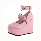 Heart Ankle Buckle Strap PU Platform Wedges
